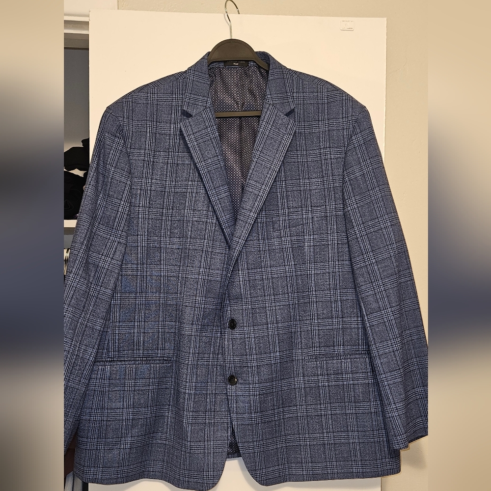 Navy Blue Sport Coat with Notched Lapel and Plaid Pattern